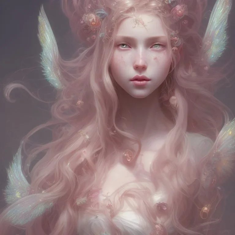 girl, fairy wings, cute, beautiful, long hair, pink hair, long eyelashes, fairycore auroracore head and shoulders portrait, 8k resolution concept art portrait by Greg Rutkowski, Artgerm, WLOP, Alphonse Mucha dynamic lighting hyperdetailed intricately detailed Splash art trending on Artstation triadic colors Unreal Engine 5 volumetric lighting