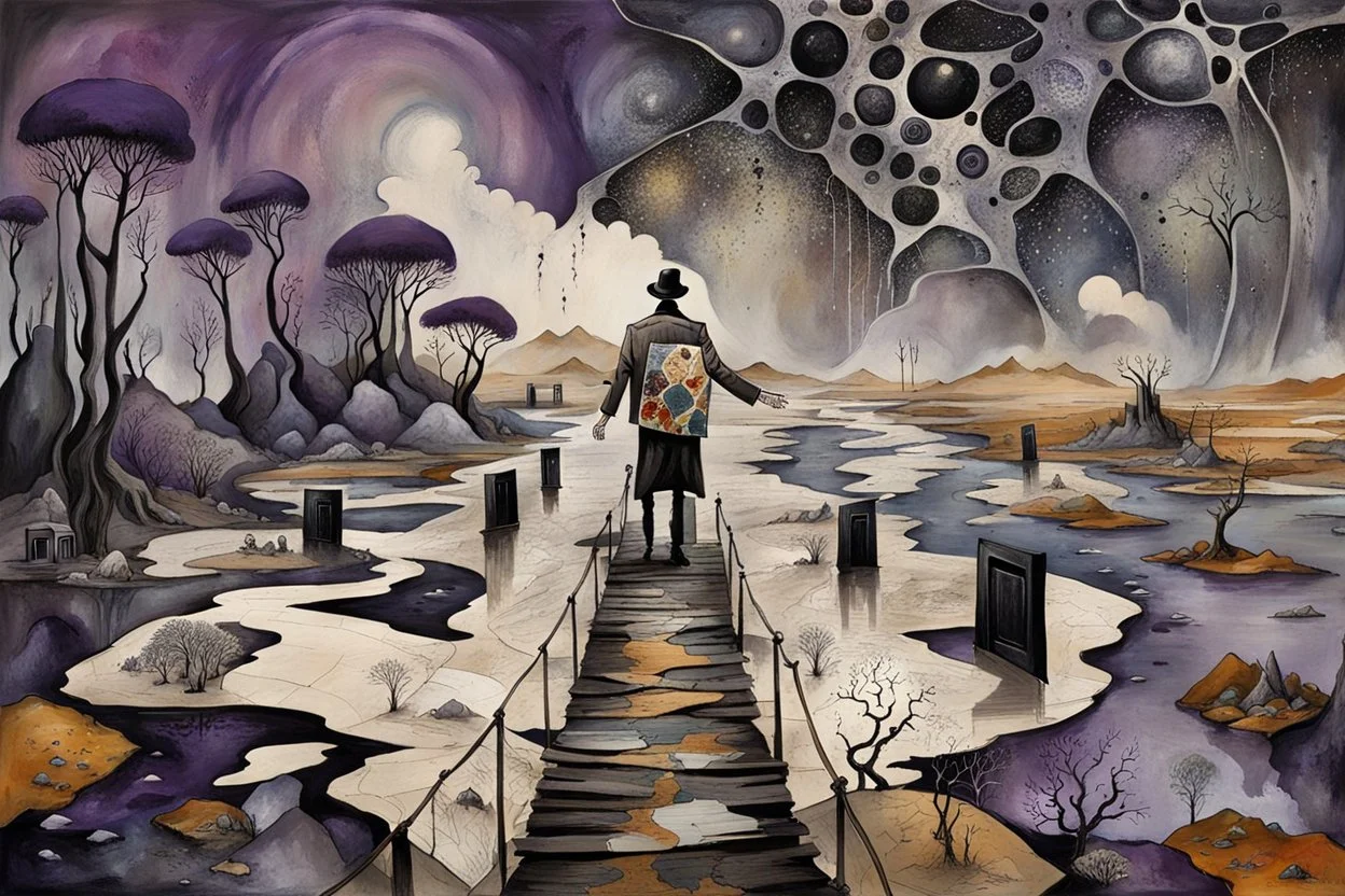 inner world , atypical world, in midle an alone human figure in weird alternative clothes stands on the thin bridge with a big map his hands , weird whimsical landscape, forest, and Sahara water and rocks,, around surreal cracked painted weird land with some black doors. dark purple, gray, black, white, brown. Whimsical style of Chagall , of Minjae Lee and Anton Semenov, lonely with absurd beauty. broken, weird bizarr,e absurd nightmare, neuron network background, surreal vibe