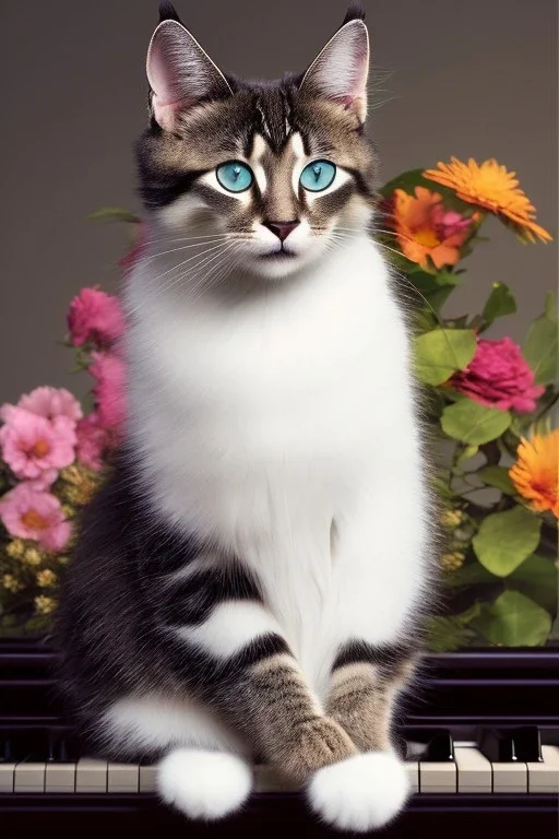 A young beautiful cat, portrait, is sitting on a piano, with some flowers around.