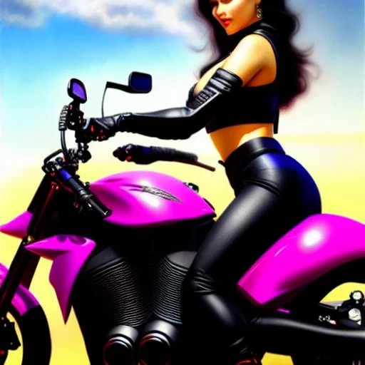 fullbody portrait 'beautiful face sexy Busty Female Biker riding a Superbike',hyperrealistic skin,Hyperrealistic crystal clear eyes,wearing skintight pink latex,painting by gaston bussiere, greg rutkowski, yoji shinkawa, yoshitaka amano, tsutomu nihei, donato giancola, tim hildebrandt,Evan Lee,Akira-Raikou, oil on canvas, cinematic composition,sharp image, extreme detail,((fit full head inside picture)),32k