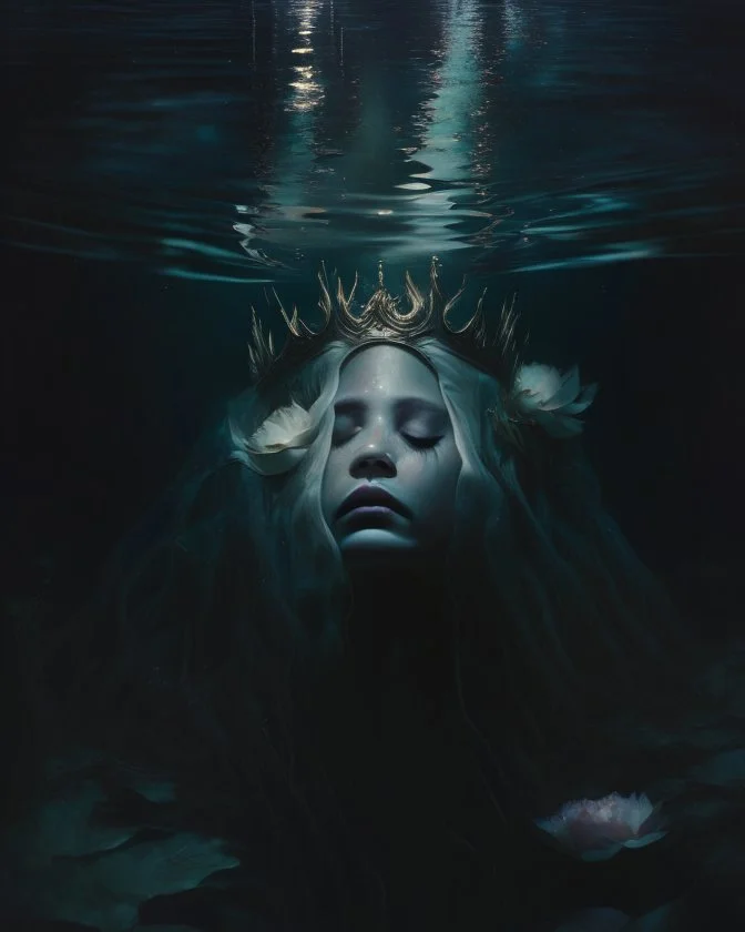 an ethereal portrait of a lonely queen submerged in dark waters with her back and no face