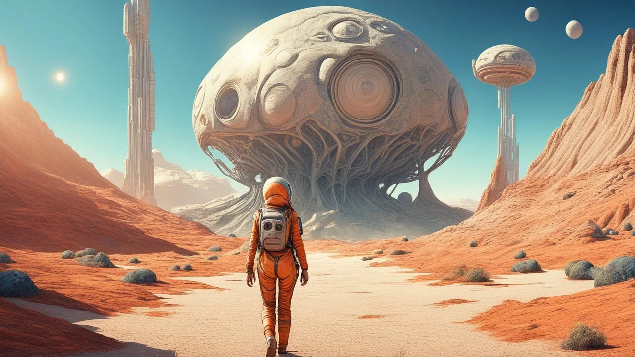 A slim woman in an open-faced space suit walking through an alien landscape towards a building, with strange alien buildings, strange surreal plants, photorealistic, Deep Colour, Intricate Detail, sunshine, blue sky