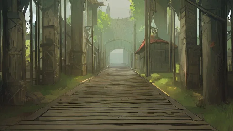 Cartoon style: t the end of the bridge, there is one tiny wooden house with red roof