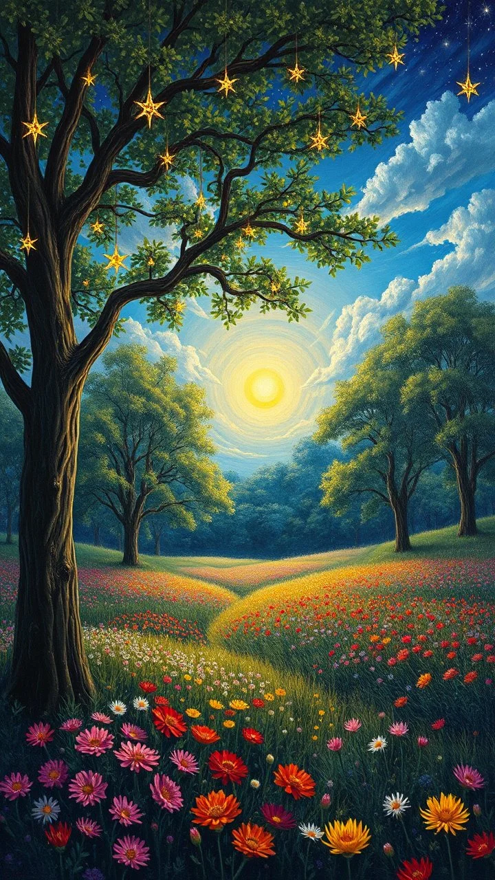 Garden of Eden, trees with hanging stars lights, a beautiful colorful flowers field with a beautiful suny sky , all oil painted picture with a beautiful dark blue high quality picture