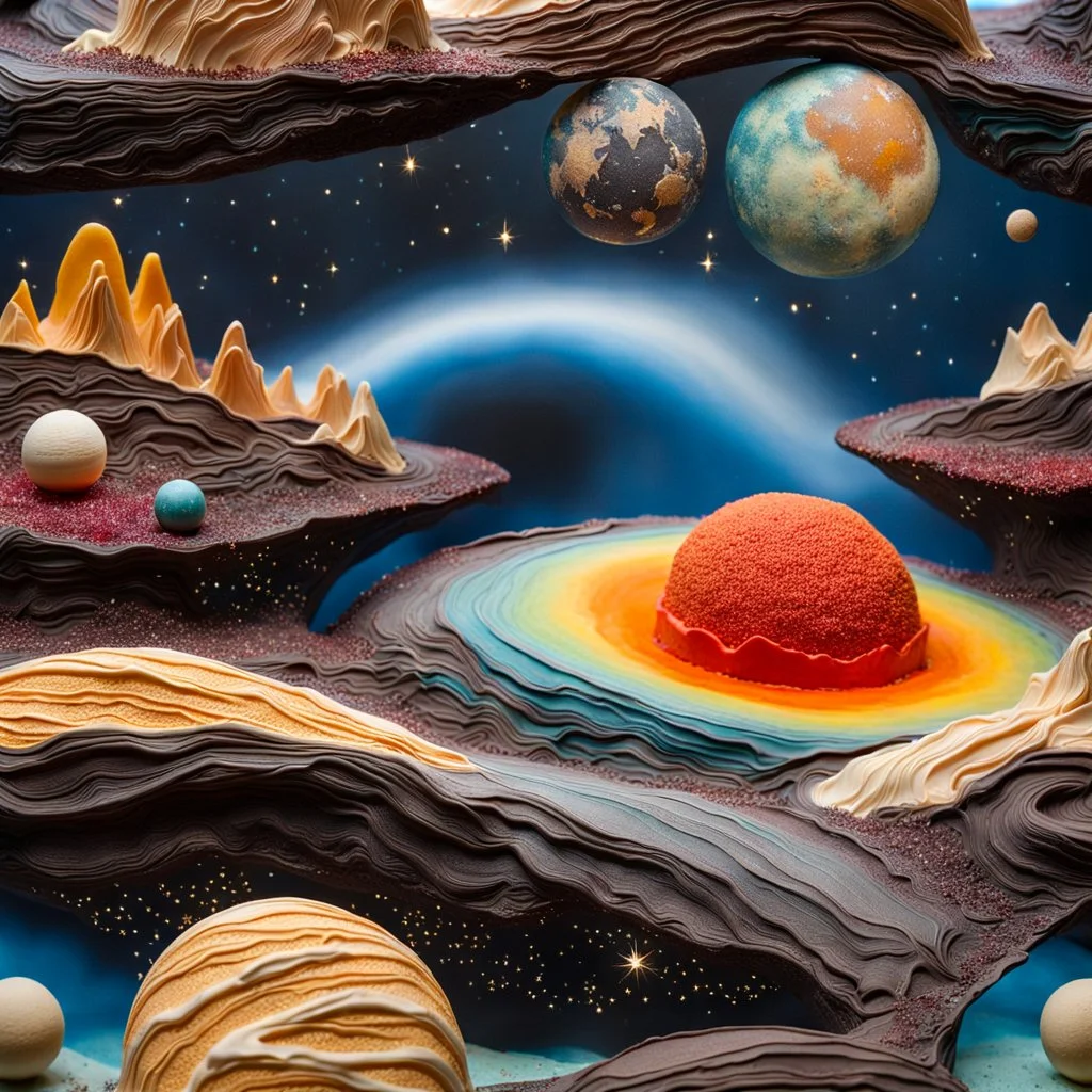 Detailed creepy landscape made of cake-frosting and modeling clay, stars and planets, Amano, Roger Dean l, strong texture, Ernst Haekel, extreme detail, intricate, colours, Max Ernst, decal, rich moody colors, sparkles, bokeh, odd