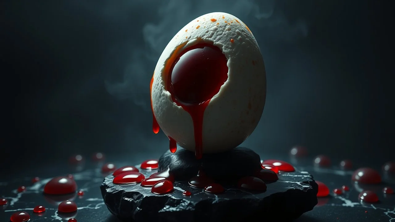 In a surreal dreamscape, fried egg with dark red center on black marble rock-like statute. The dark deep colors of the surrounding environment cast dramatic shadows, red droplets around egg , The dreamlike atmosphere is charged with a subtle thriller vibe, as the egg seems to pulse with a mysterious life force.