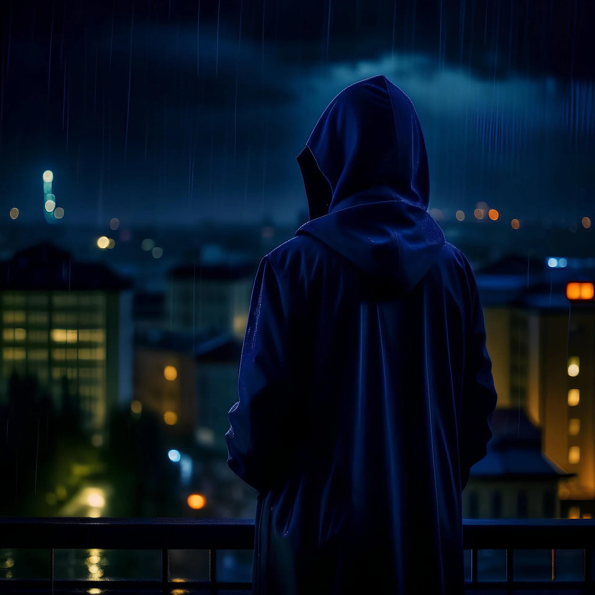 girl in a raincoat, viewed from behind, watching the empty city, at midnight, dark grey colours, rainy, atmospheric, photo quality