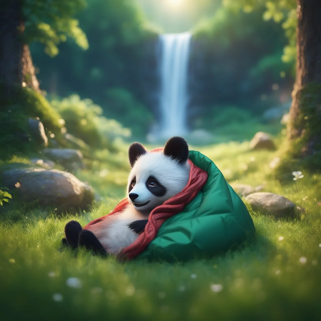 pen outline, waterfall, panda fox racon in luxury sleeping bag on green lawn in magical forest ,bokeh like f/0.8, tilt-shift lens 8k, high detail, smooth render, down-light, unreal engine