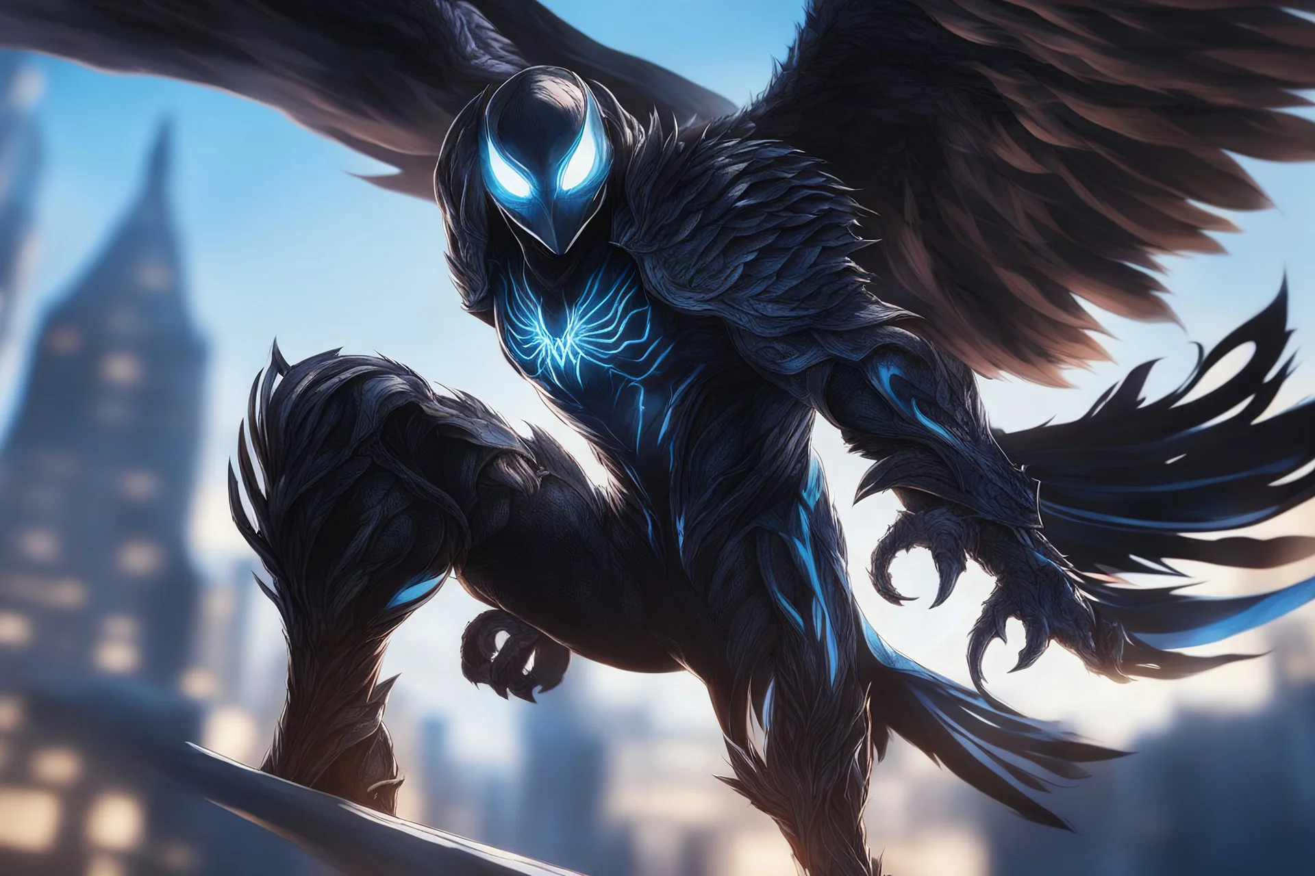 Symbiote in 8k solo leveling shadow drawing, owl , blue lights, sky , intricate details, highly detailed, high details, detailed portrait, masterpiece,ultra detailed, ultra quality