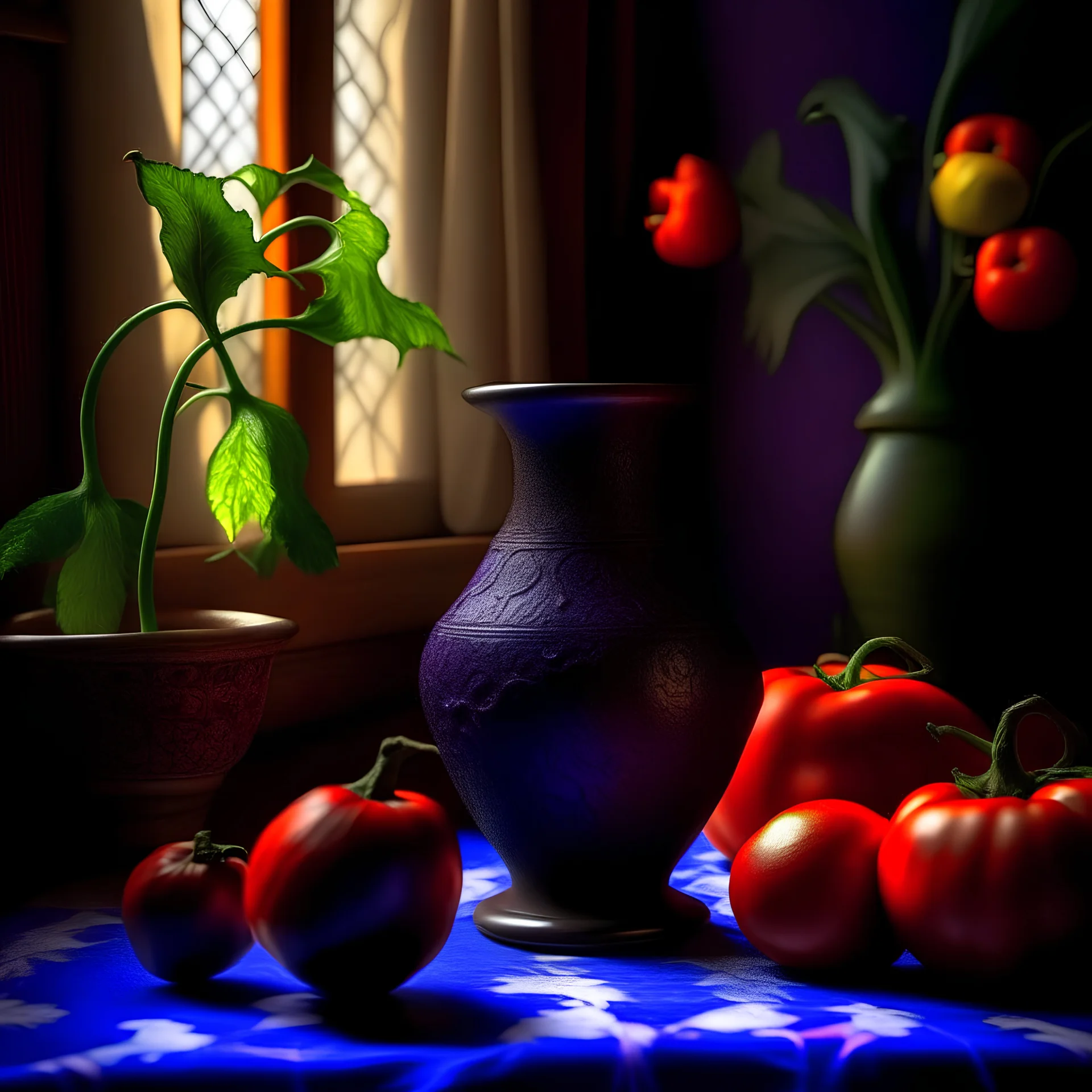 still life with a painted Chinese vase, red pepper and eggplant, flowers and fruits in a diffused atmosphere with lights and shadows in the kitchen in the diffused atmosphere with lights and shadows in the kitchen,El anochecer despues , maTny colors, detailed,