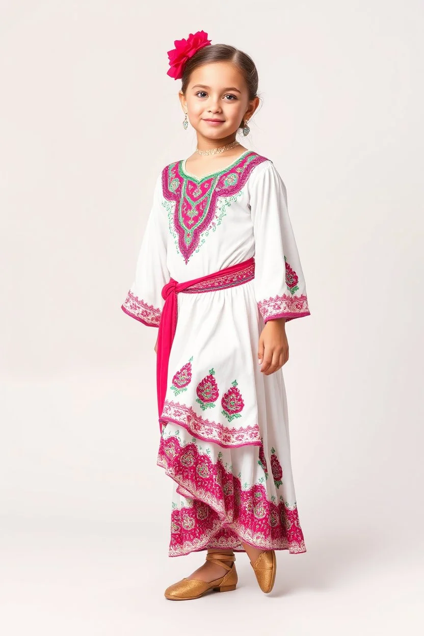 simple background, full body of very pretty little girl in azeri dance costum and with dance shoes,in relax pose