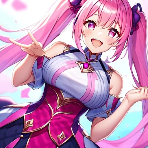 girl, masterpiece, best quality, volumetric lighting, detailed outfit, perfect eyes, pink hair, pink eyes, twin ponytail, laughing,