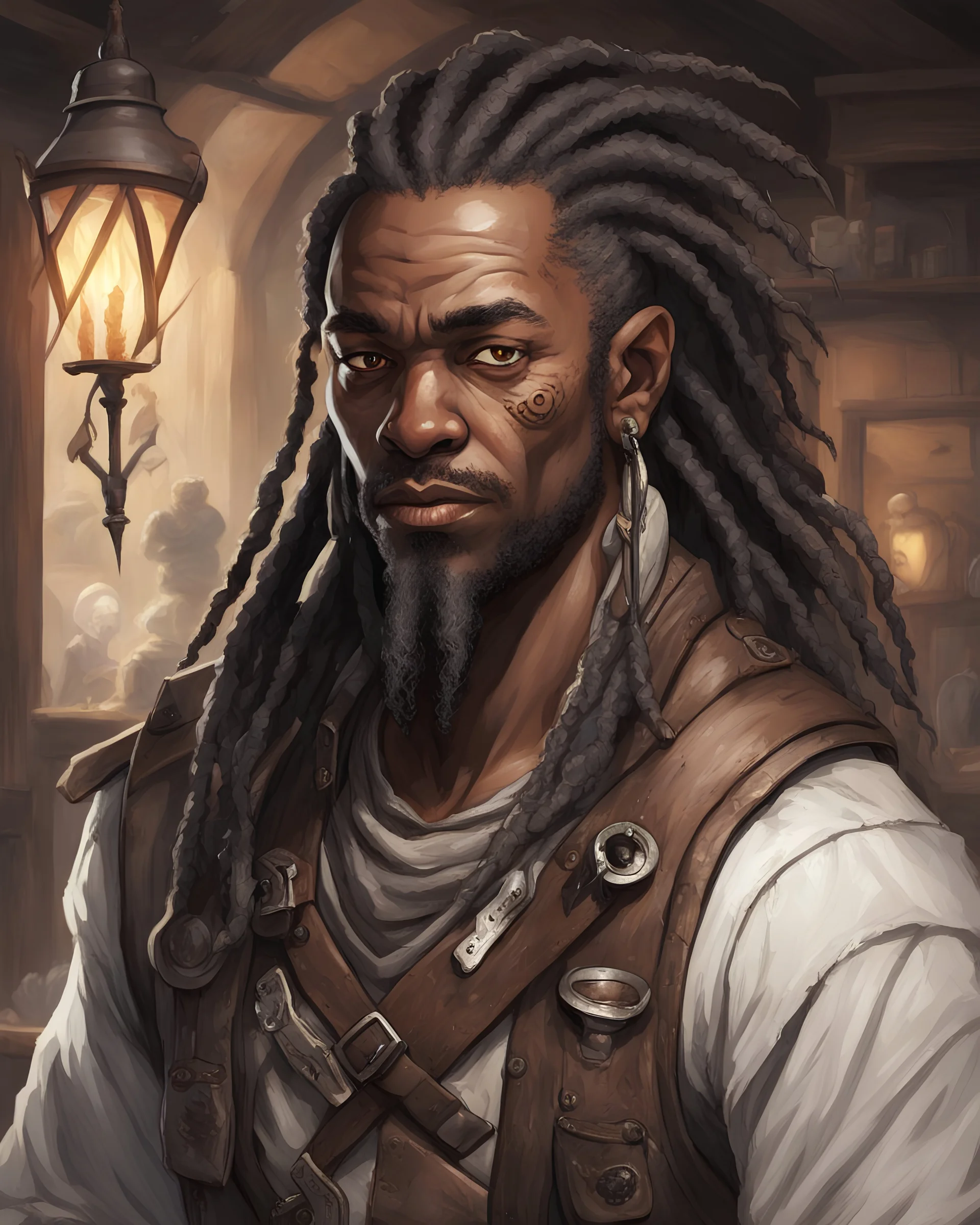 african american dungeons and dragons tavern owner male with dreadloks