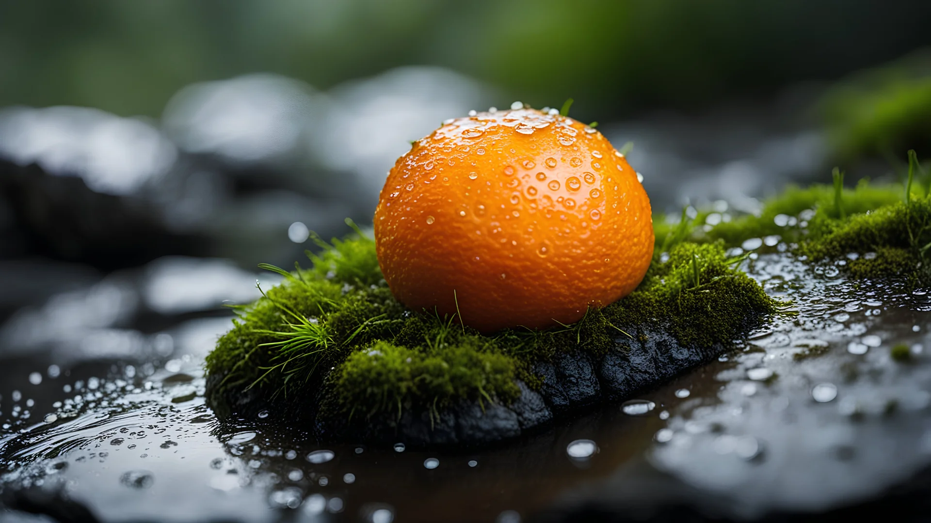 Close up of an orange fruit on a wet rock,rain drops,moss,high details,dark place