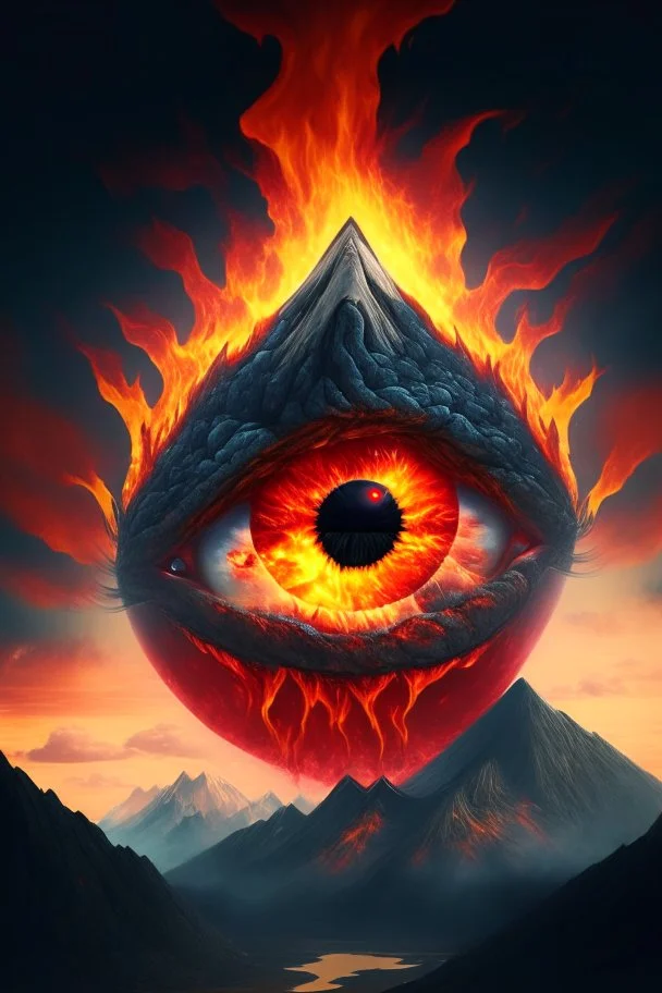 Flaming eyeball with mountains inside