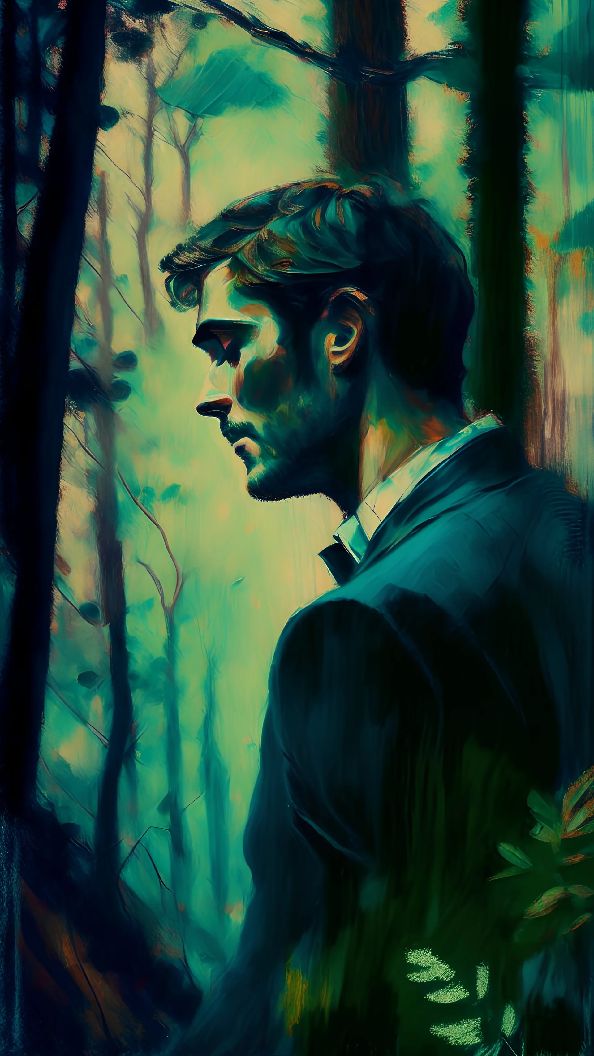 impressionism-style painting of a man thinking about someone he loves truly in a forest
