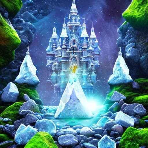 cristal angelic castle crystalline, beau , cosmic, opalescent, opalescent, gemstones, crystals, object, other worldly,water, rock, moss,bright, ice background, neige etang bleu