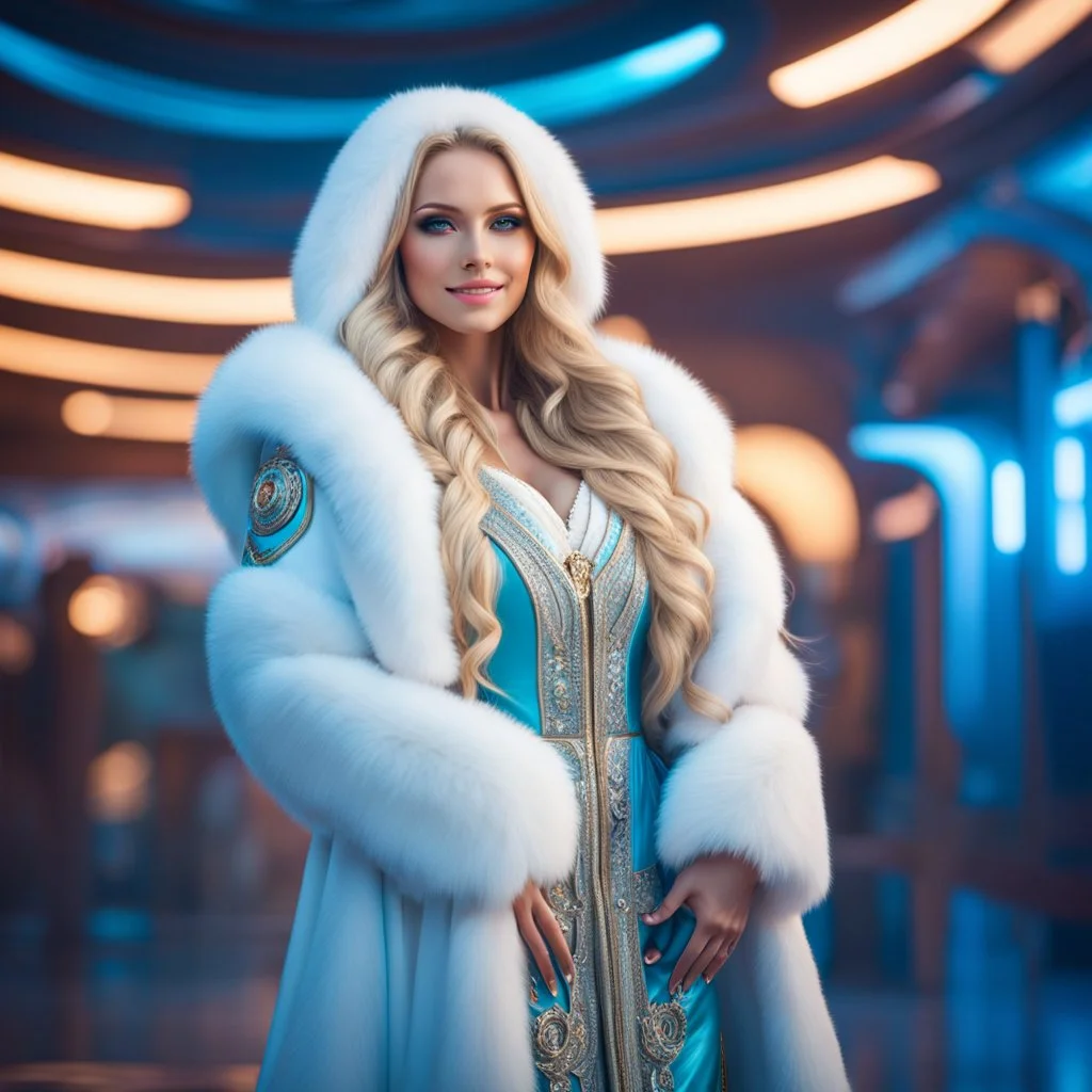 (masterpiece, best quality, 8k, RAW photo, beautiful and aesthetic:1.2), complex detail, Indirect light, photorealistic, (((full body))), 2 Gorgeous Cosmic russian goddess smiling, long curved blonde hair, Mixed, sci-fi and traditional russian outfit with white furs and chapka, colorfull Sci-Fi environment