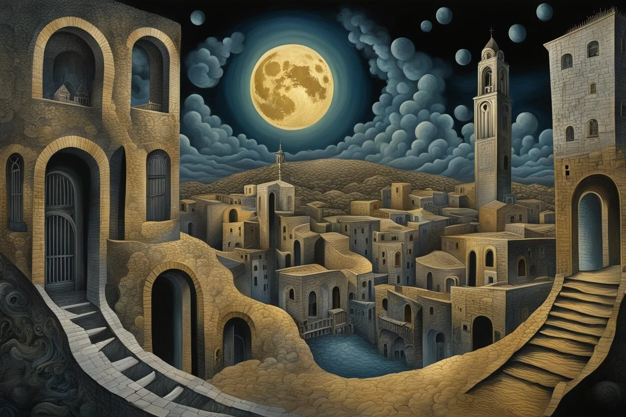 midnight in surreal old city with one big full moon, shadows on walls, strange buildings, sinister by Greg Rutkowski surrealism Salvador Dali matte background melting oil on canvas sinister by Greg Rutkowski surrealism Salvador Dali matte background melting oil on canvas abstract vector fractal, wave-circle function, Zentangle, 3d shading