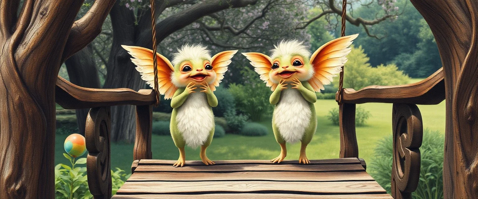 transcendent sacred geometry embroidered patterns, two totally symmetric fluffy angel gremlin slug nice cheerleader singing on old wooden carved bridge between trees in garden , full body portrait T-pose strong aura, oil painting and air brush, in swing