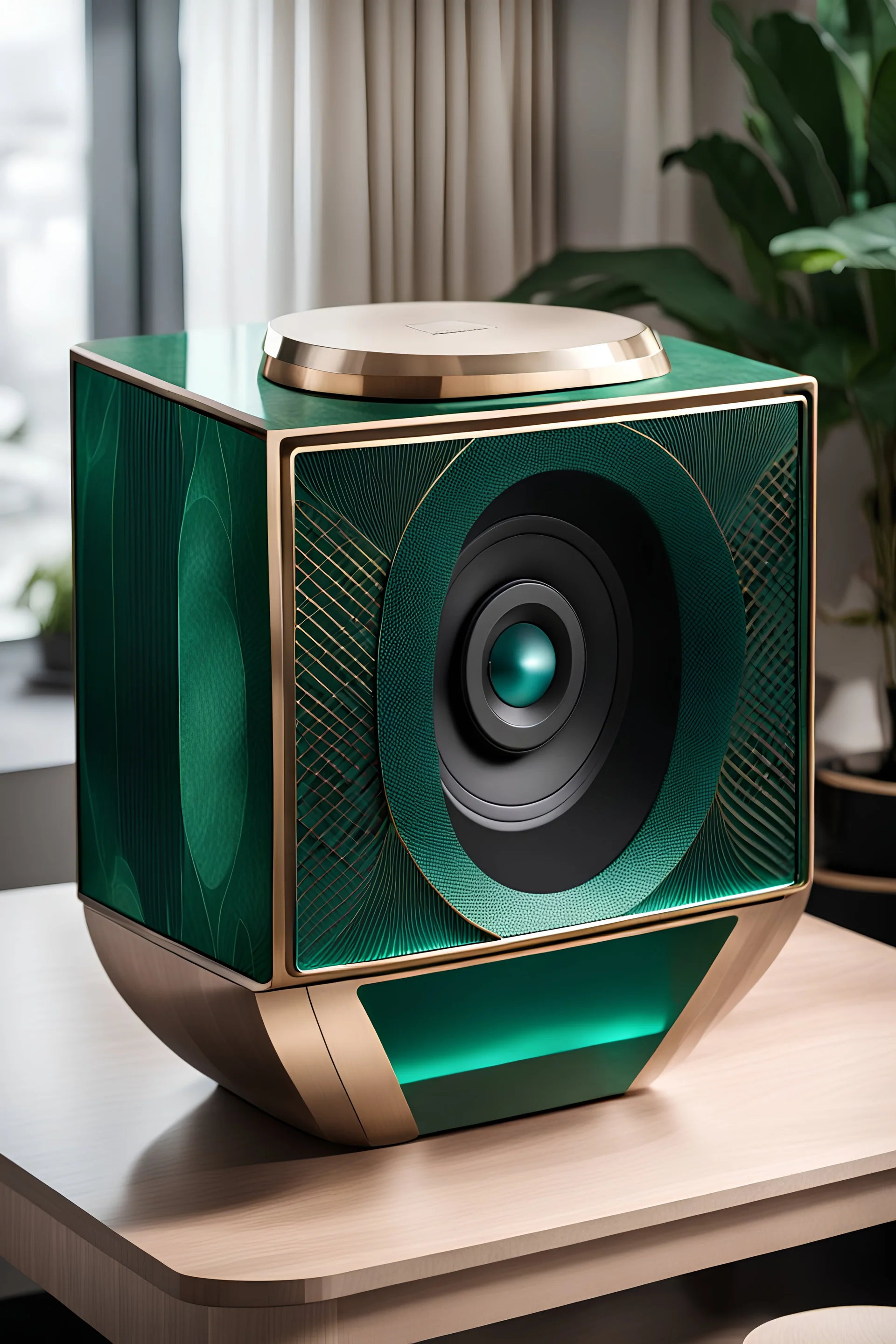 a home SPEAKER with a screen and it is made of a emerald in the style of art deco on a coffee table