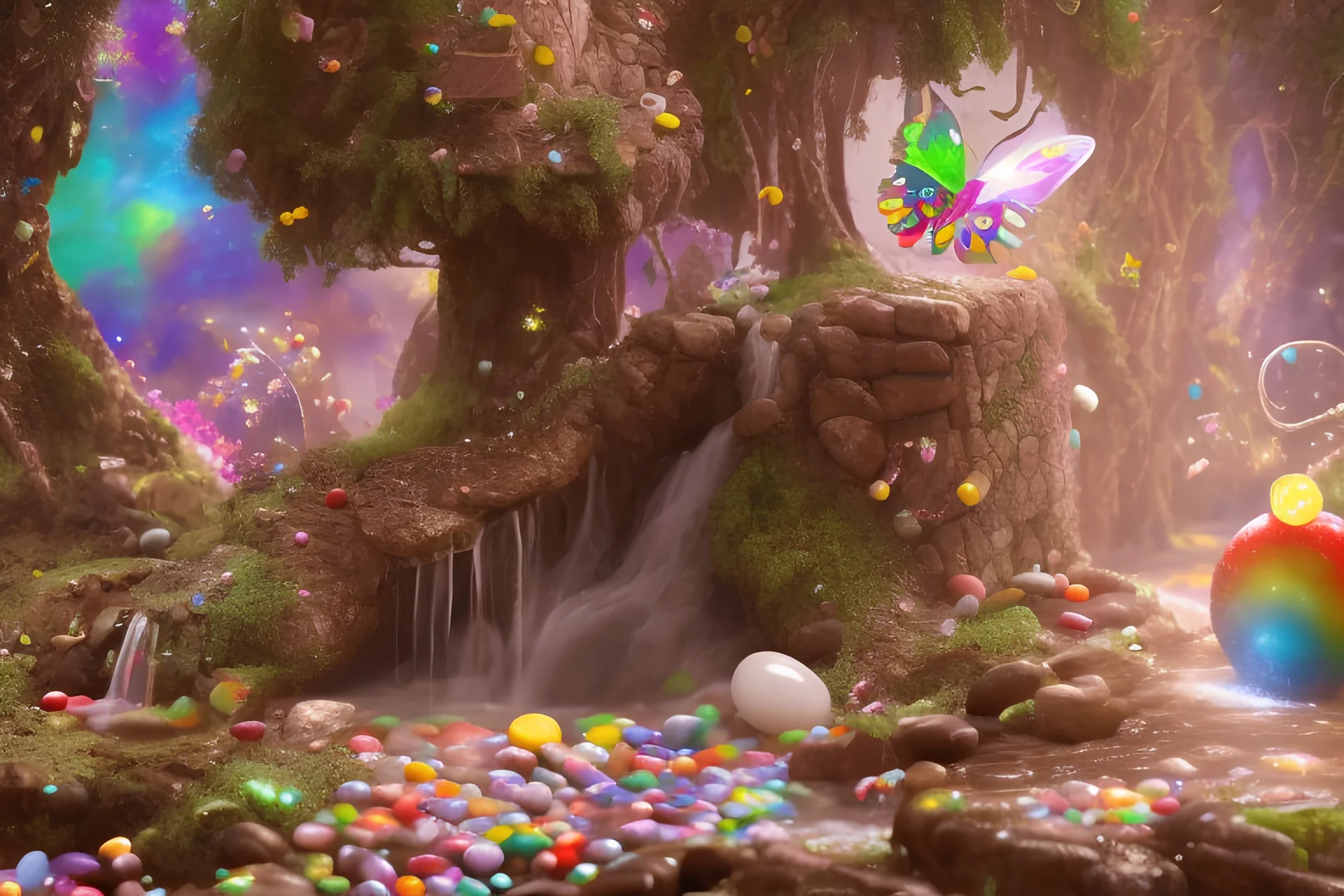 butterfly, sparkling, chcolate sprinkles, little tree, in castle, fountain of smarties with chocolate, waterfall, detailed, RTX, fantasy, 8K