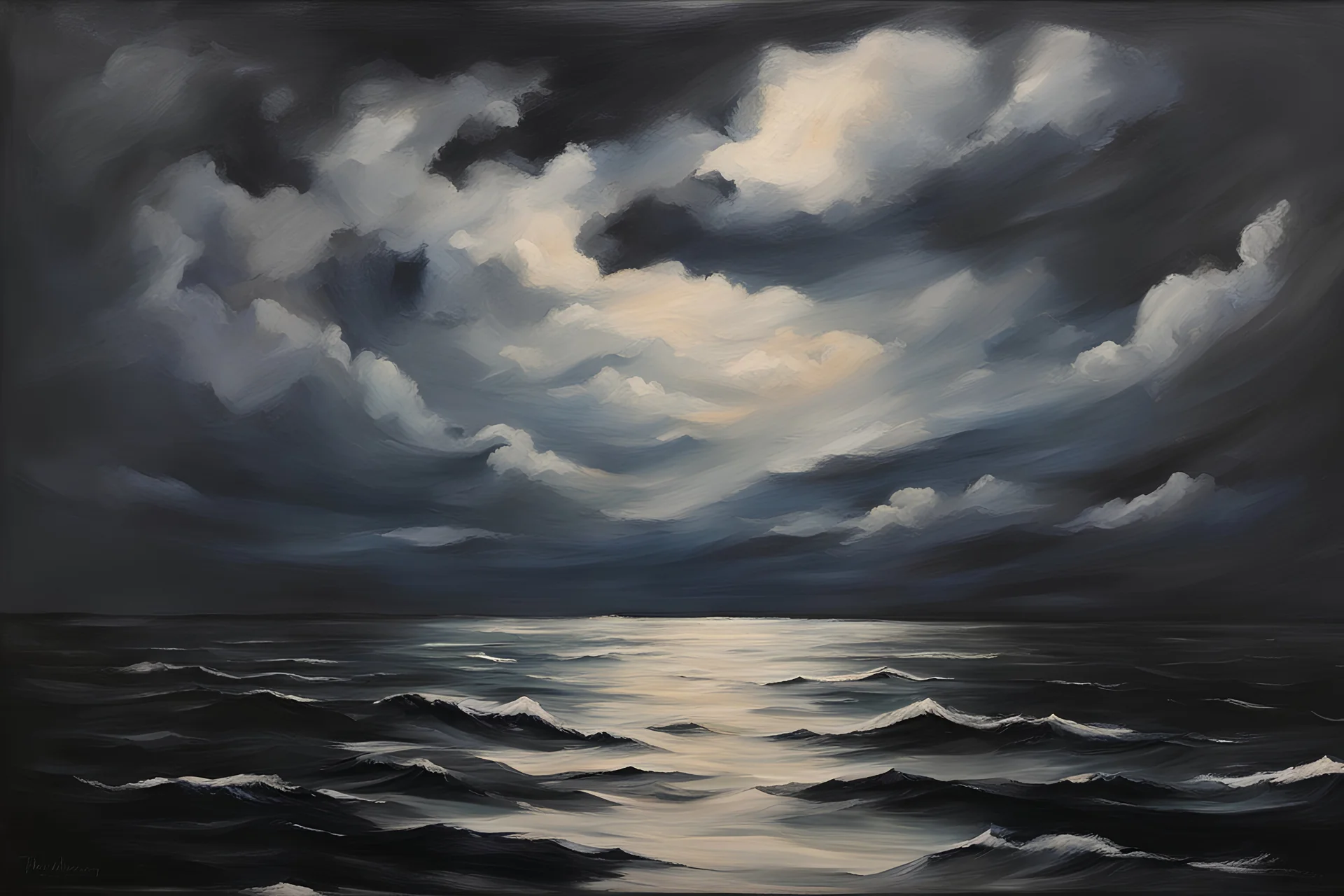 oil painting, dark, And the sweet ocean clouds will look down on my boat tonight