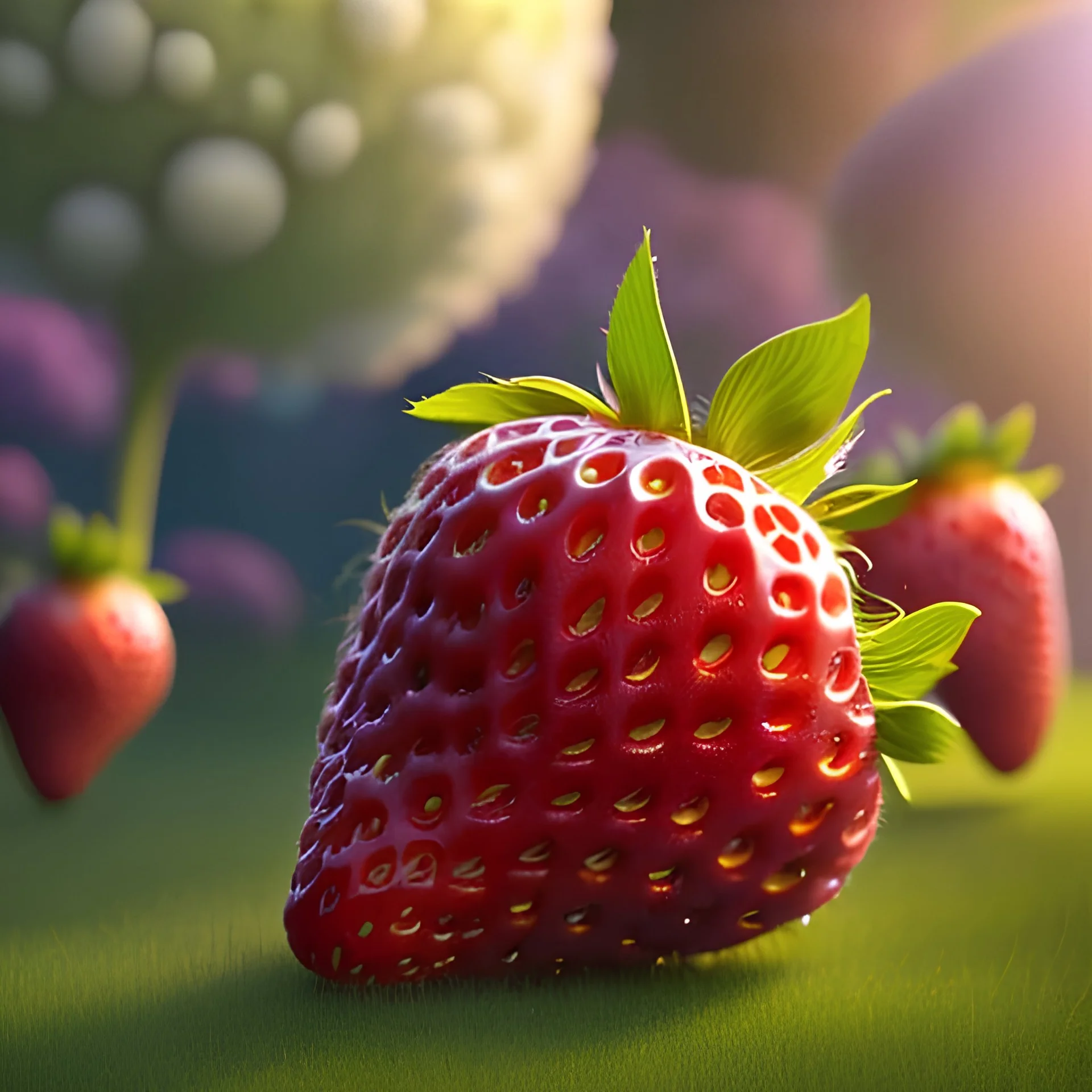 pixar style, volumetric summer garden environment and background, volumetric lighting, dramatic lighting, realistic painting of an strawberry, looking excited, detailed digital painting, extreme dense and fine fur, anime, ornate, colour-washed colors, elegant, small minutiae, tiny features, particulars, centered, smooth, sharp focus, renderman gofur render, 8k, uhd, detailed eyes, realistic shaded volumetric lighting, sunlight caustics, backlight, centered camera view