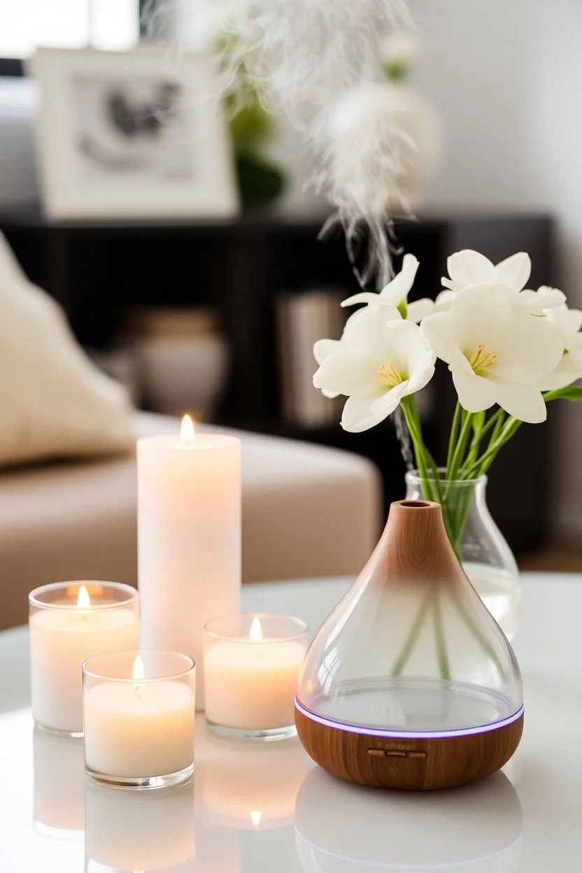aroma diffuser at home With candles and white flowers in a crystal vase