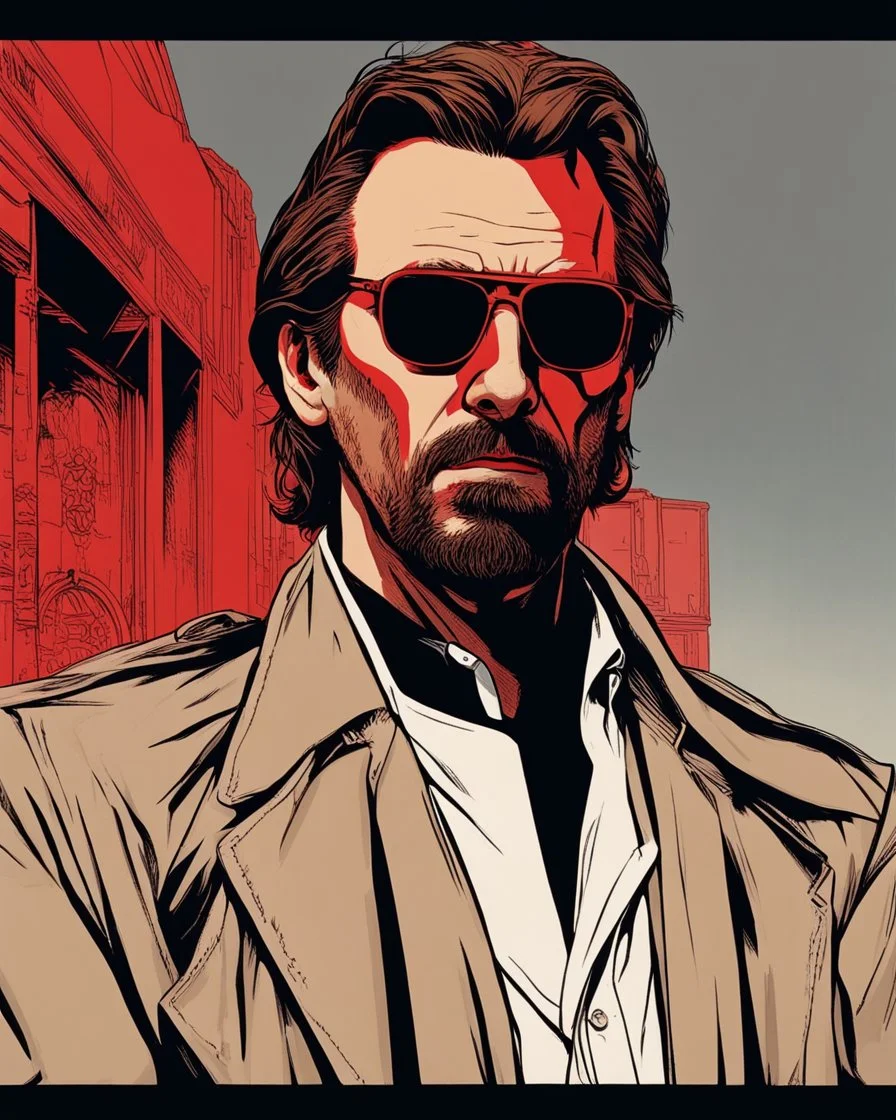 hans gruber wearing a trench coat and red sunglasses staring with a judgmental look on his face