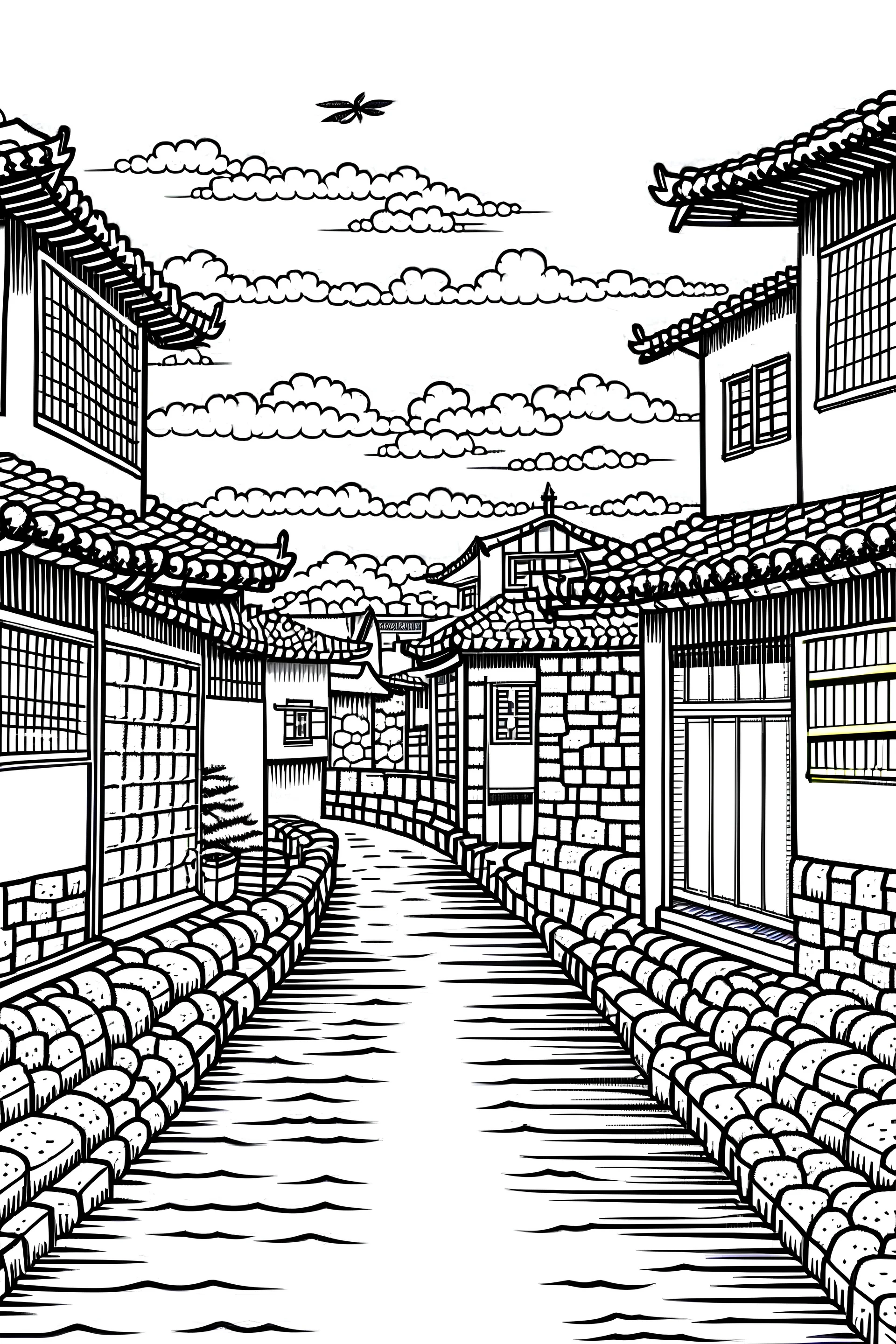 japan's old street behind a river,Line Drawing, A classic black-and-white line drawing style with intricate details and clean lines. The streets are depicted with precision, capturing the architectural diversity . The drawing will be realized as a traditional pen and ink illustration, with fine-tipped pens used for precise linework and shading