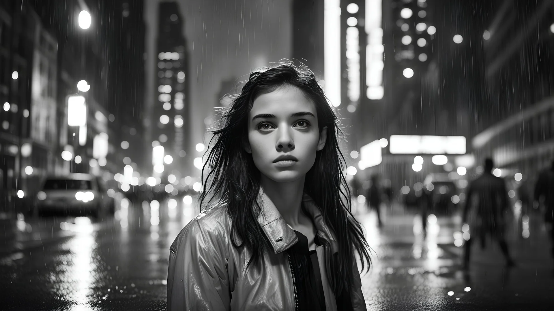 new york late night, tall skyscrapers, girl looking at camera on the street in the rain, photographic, black and white