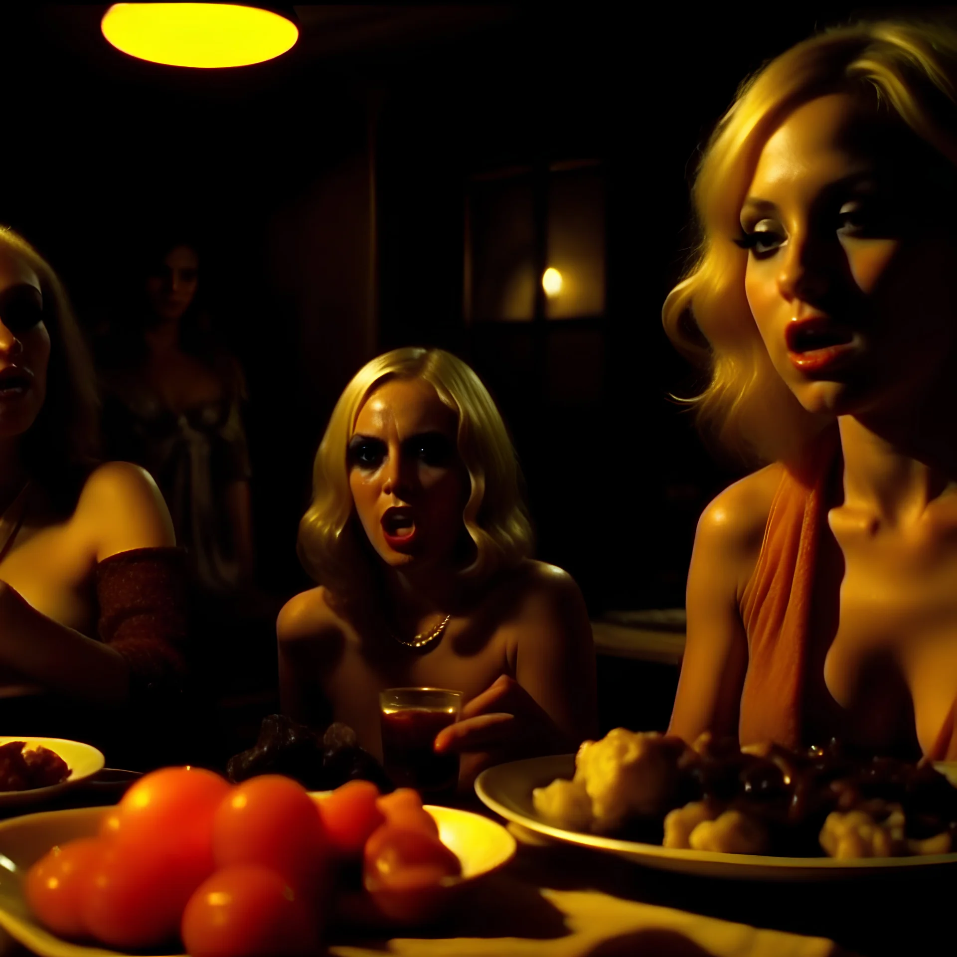 Horror movie shot, spooky, hot, ultra realistic, dine, horns, ultra realistic hot blonde women, party, pieces of meat, organs, ail, dynamic, very excited people, hypermaximalist figures, light, 1970's Italian horror movie, sinister,, Dario Argento, Stanley Kubrik, ornate, 4k, photorealism