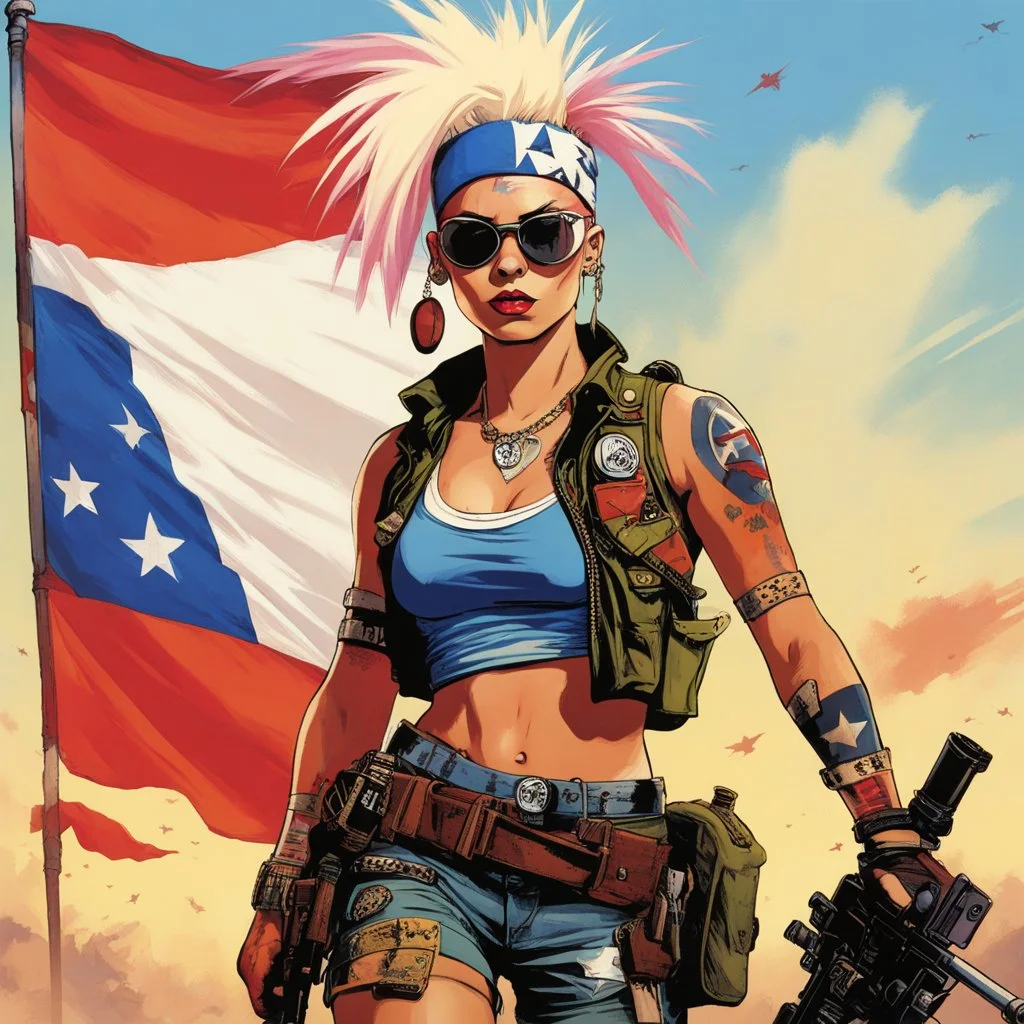 tank girl is a warrior of peace, carrying the flag of freedom