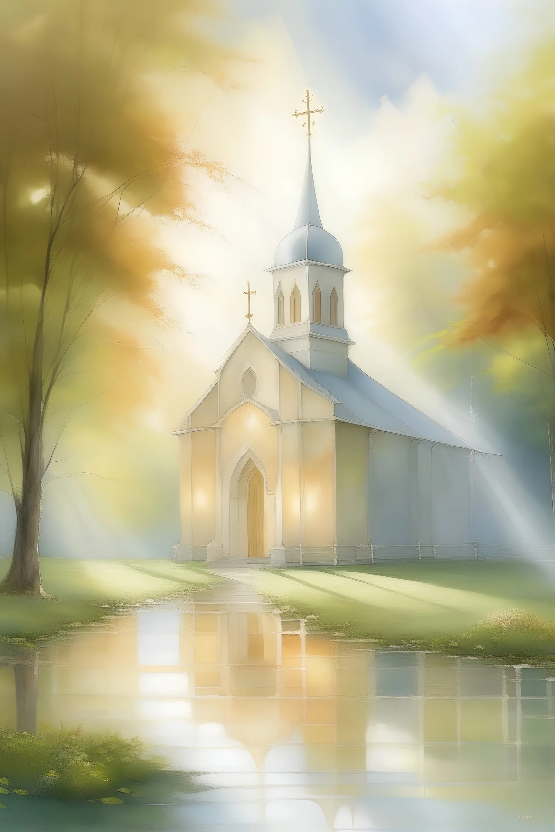 Create a painting that bathes the church in divine light, symbolizing peace and spirituality. Use soft colors and ethereal brushstrokes to evoke a sense of serenity."