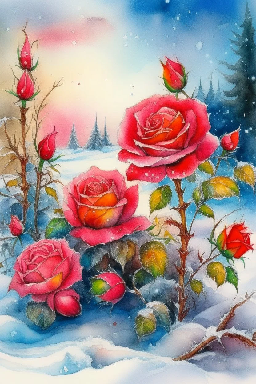 magic Winter landscape, blooming roses in the snow. Jean-Baptiste Monge style, watercolor, ink. Picturesque and colorful. Bright colors of the ring exquisitely luxury chic aesthetics photo harmony professional photo 64K pixel graphics high detail bright lighting