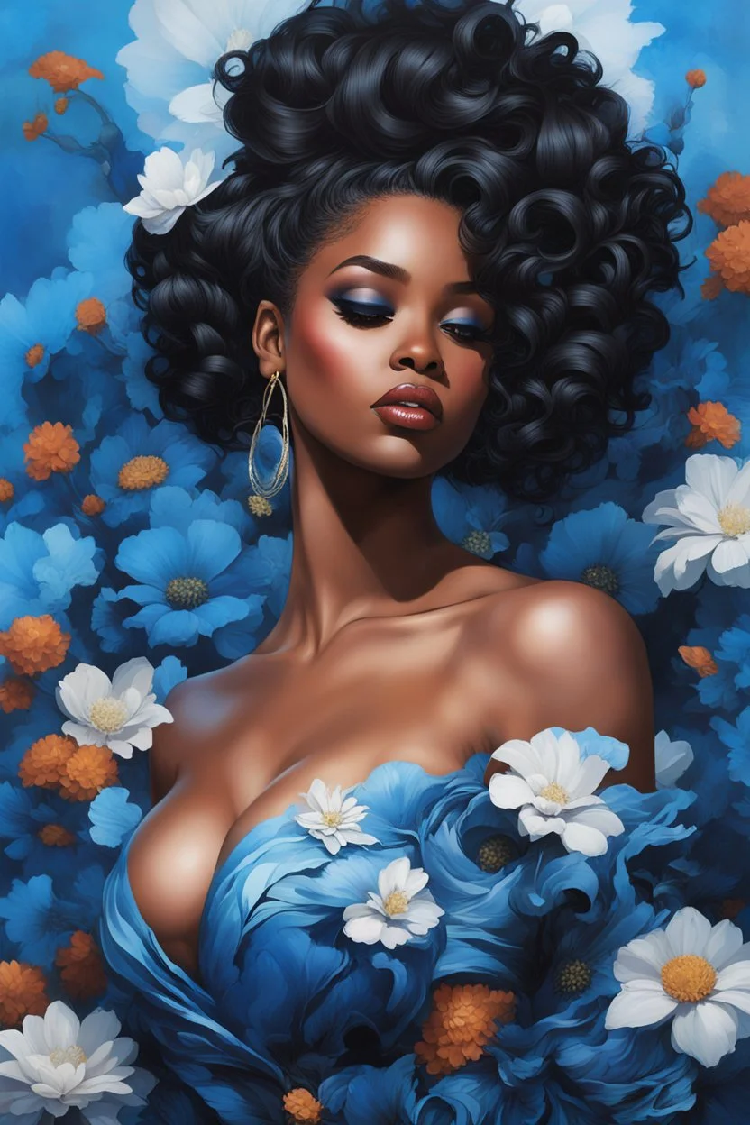 Create an urban art image of a curvy black female wearing alight blue off the shoulder blouse and she is looking down with Prominent makeup. Highly detailed long curly messy bun. Background of large blue and black flowers surrounding her