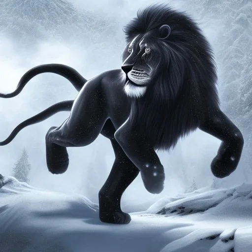 Snow place, black half human Lion hybrid ride on a black motorcycle