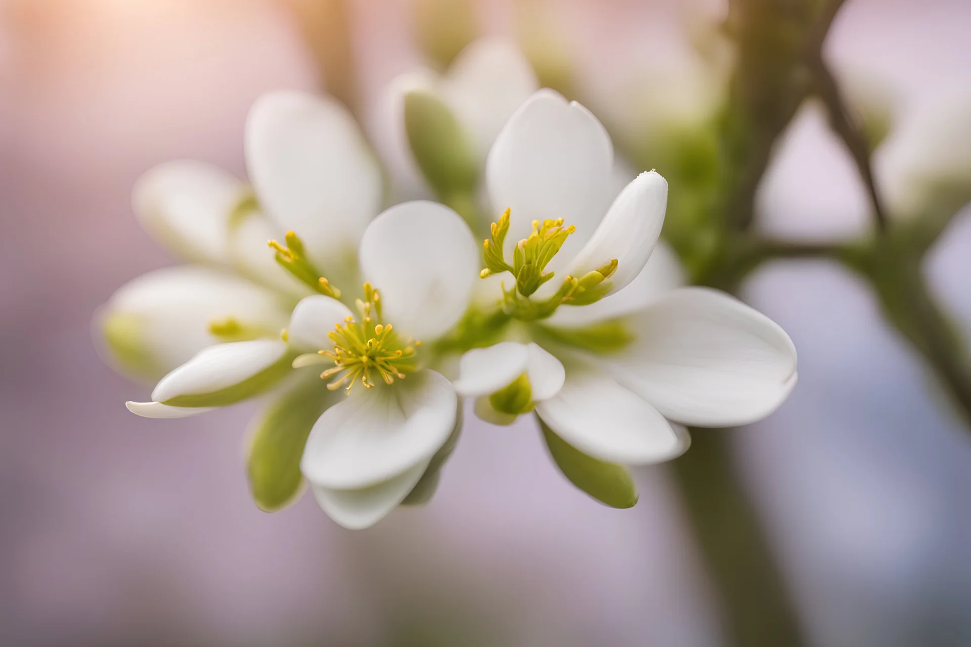 close-up of an almond flower trying to bloom, blurred background, bright side lighting.