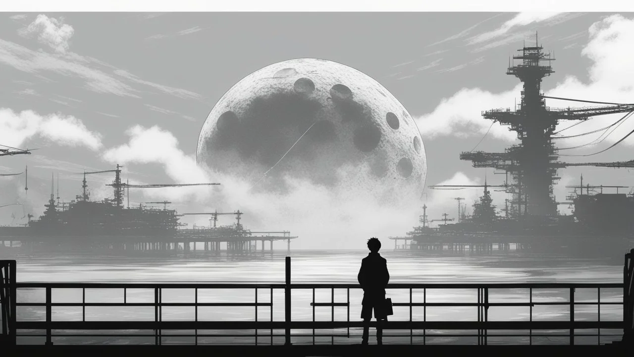 giant half transparent moon, glitchy, blurry, mechanical, sci-fi, maximum quality, centered on frame, far view, seasidel, white sky with cumulonimbus, anime, makoto shinkai style, japanese pier, rusty, decrepit, foggy, grayscale