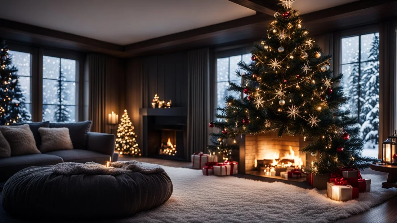 darkness,photoreal, christmas decoration in the big living room , adorned with twinkling lights, in the living room,next to the fireplace,large windows with snowy firs outside,christmas decoration,lights off,cozy,calm,high-quality photograph,photorealistic, shot on Hasselblad h6d-400c, zeiss prime lens, bokeh like f/0.8, tilt-shift lens 8k, high detail, smooth render, unreal engine 5, cinema 4d, HDR, dust effect, vivid colors,night