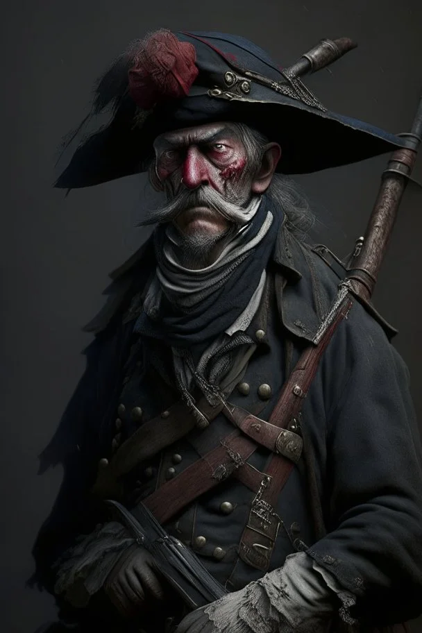 70 years old victorian bloodborne soldier with a musket, bandana and scally cap