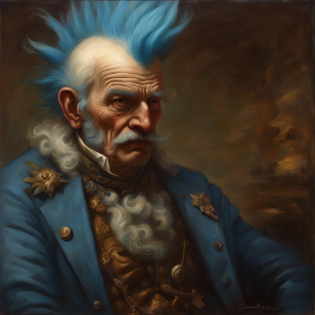 a detailed portrait of old man with a extravagant blue mohawk by edouard bisson, punk rock, oil painting, muted colors, soft lighting