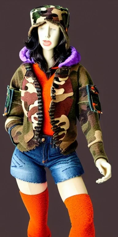 Brunette woman in her 30's. thick thighs, thick calves, flat belly, wide hip. Mantle is sewed of recycled Denim and sewed together of camouflage pieces. (Printed camouflage figures are orange,terracotta, cream and purple). It is with big bright purple felt tippet and cream-colored-hood. mantle is merged with satchel. . AKG-style headphones (gold rings!) is merged with small felt cap with small visor. Style: Haute Couture in 1936, Paris fashion in 2023, inspired by street art. Cream latex gaiter