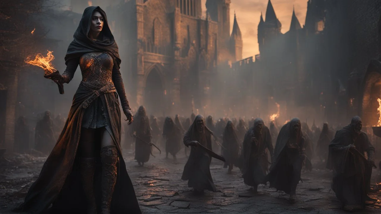 a female sorcerer I black cloth leading an army of rotting zombies through burning medieval city. fantasy setting. armor melted into the skin. blood. intense horror. blind terror. scared to death. a masterpiece, fantasy concept art, dynamic lighting, hyperdetailed, intricately detailed, deep color, Unreal Engine, volumetric lighting, Epic cinematic brilliant stunning intricate meticulously detailed dramatic atmospheric maximalist digital matte painting