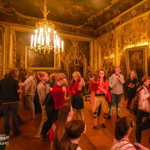 Party in a schloss, cheering people, Austrian aesthetic, warm colors, wood, green, red, 8k, HD, cinematography, photorealistic, Cinematic, Color Grading, Ultra-Wide Angle, Depth of Field, hyper-detailed, beautifully color-coded, insane details, intricate details, beautifully color graded, Cinematic, Color Grading, Editorial Photography, Depth of Field, DOF, Tilt Blur, White Balance, 32k, Super-Resolution, Megapixel, ProPhoto RGB, VR, Halfrear Lighting, Backlight