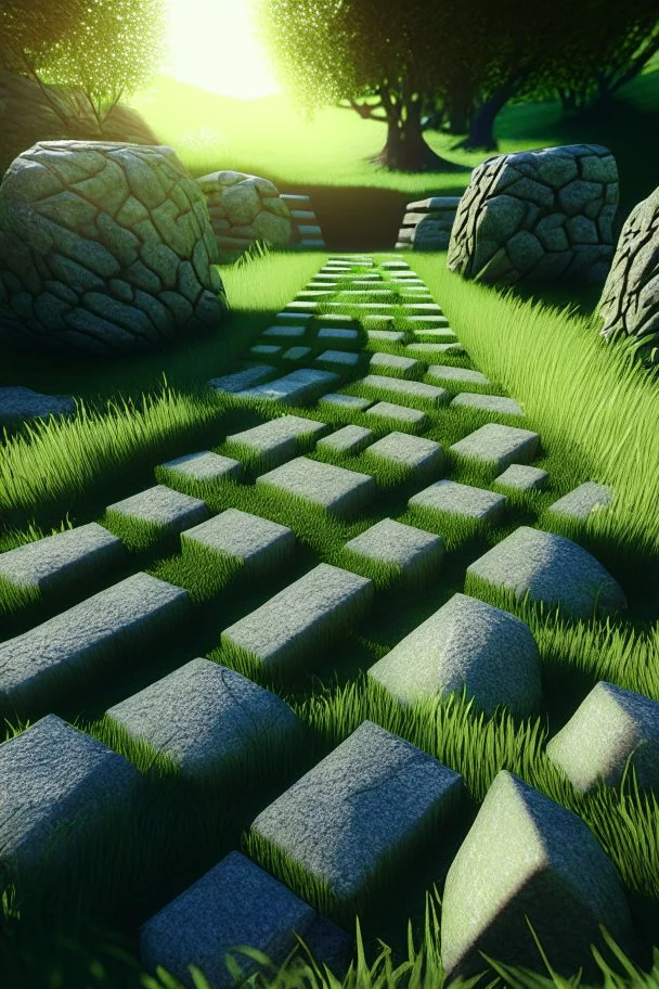 brilliant raytraced stone labyrinth with green grass, 4k, nvidia graphics, volumetric light, depth of field, autumn