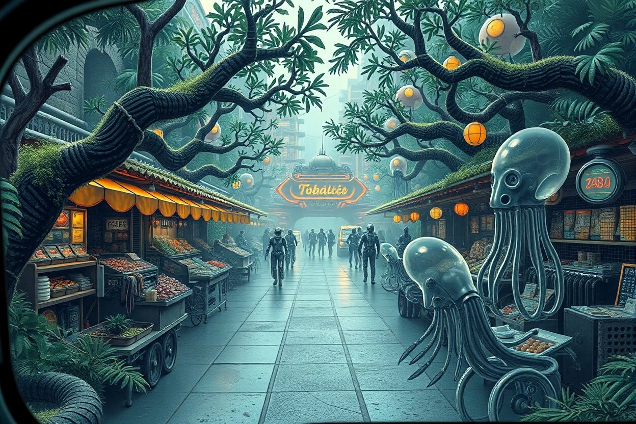 Intergalactic city market in jungle branches with furry robots, and transparent squids. Seen from dirty glass window of futuristic vehicle. In the style of Escher