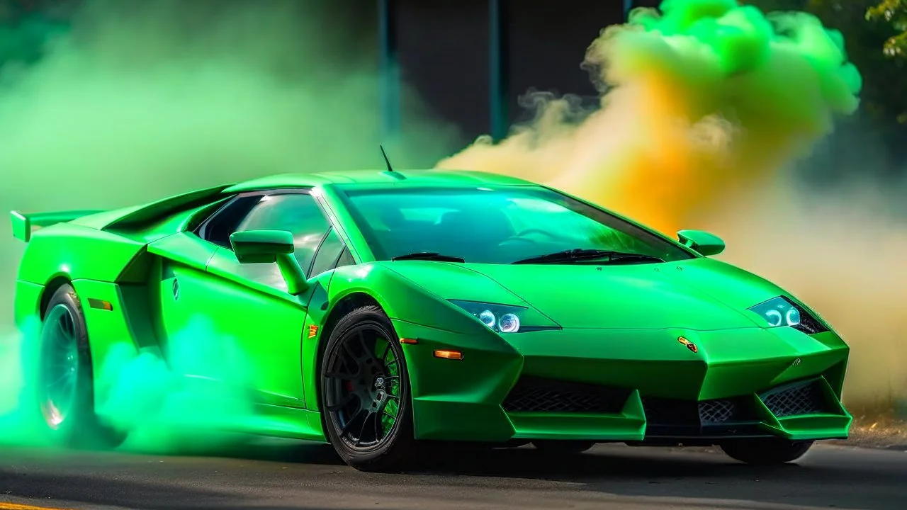 green lamborhini murcielago drifting in the smoke --chaos 80 --ar 16:9 --style raw --stylize 700