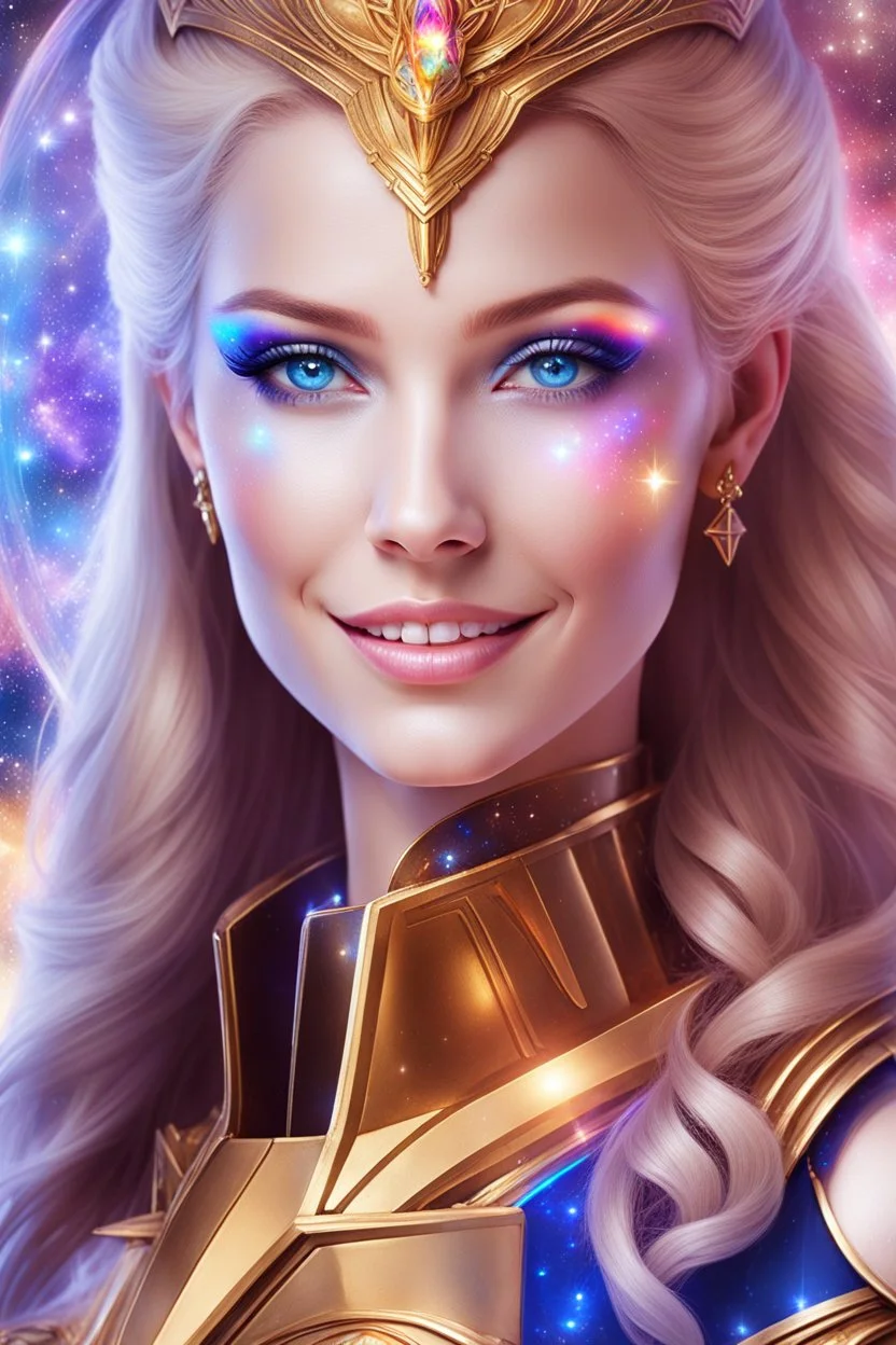 cosmic woman smile, admiral from the future, one fine whole face, crystalline skin, expressive blue eyes,rainbow, smiling lips, very nice smile, costume pleiadian, Beautiful tall woman pleiadian Galactic commander, ship, perfect datailed golden galactic suit, high rank, long blond hair, hand whit five perfect detailed finger, amazing big blue eyes, smilling mouth, high drfinition lips, cosmic happiness, bright colors, blue, pink, gold, jewels, realist, high commander